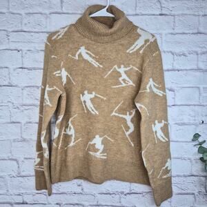 CeCe Ski Sweater Womens Small Camel Tan Turtleneck Skier Graphic Knit Apres Cozy